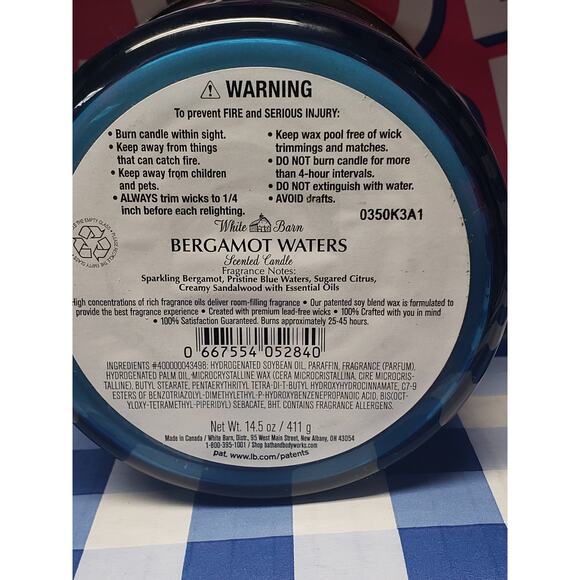 BBW Bergamot Waters Large 3 Wick Candle Home Fragrance Decor - Picture 2 of 2